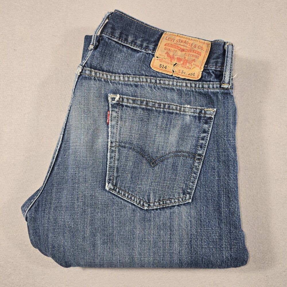 Levi's 514 Fitted Straight Leg Men's Jeans Size 34x34 Distressed Blue Denim